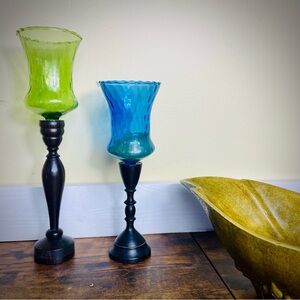 Vintage Mexican Glass Candle Inserts Blue Green